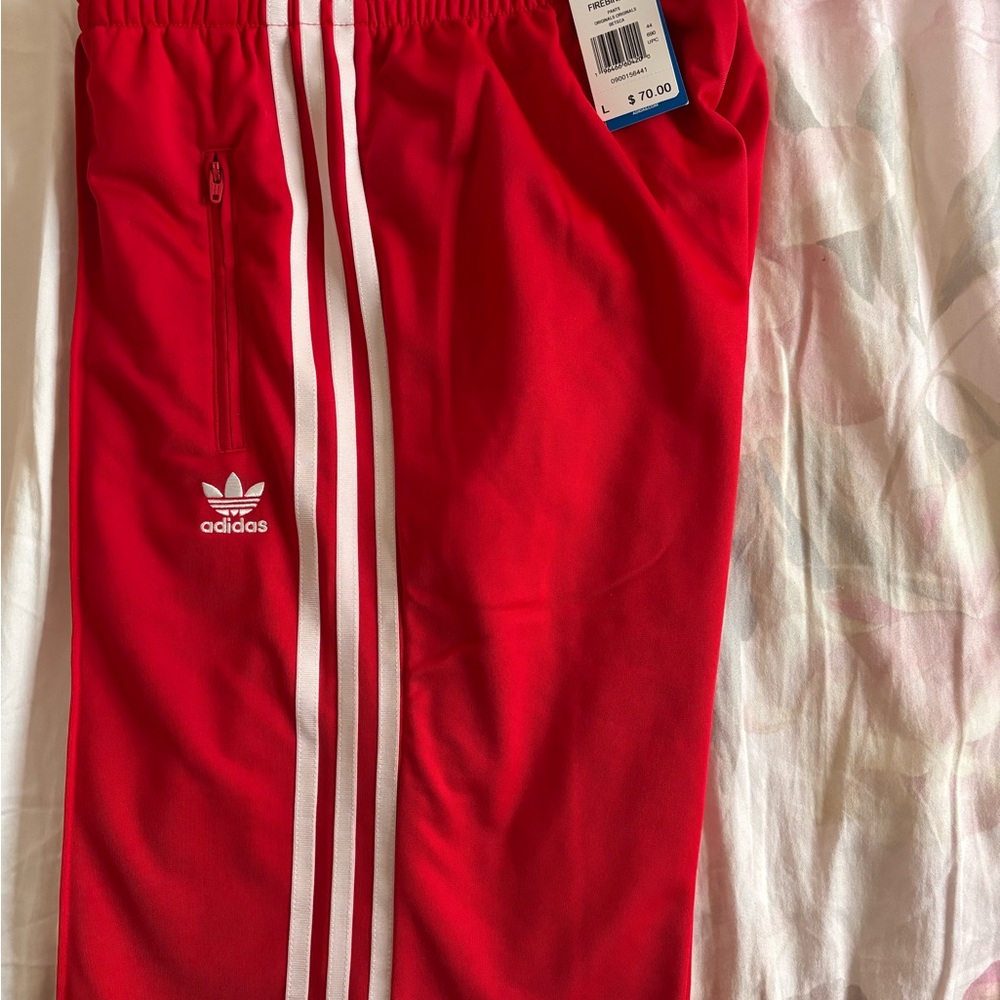 Adidas Kids Red Joggers with White Stripes